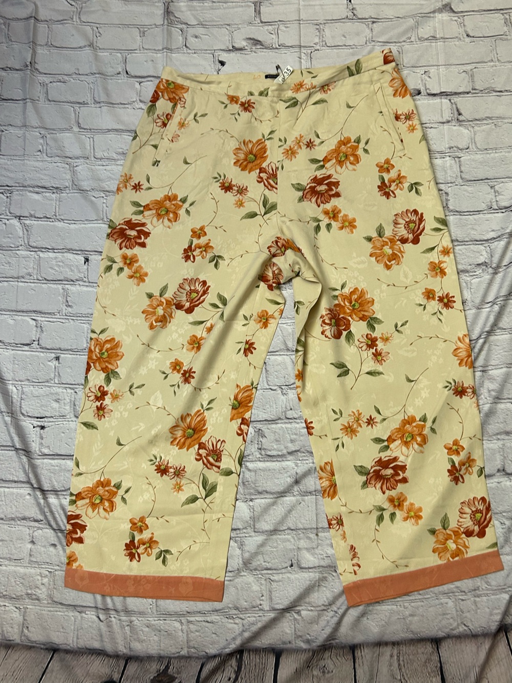 Izod Cream Wide-Leg Pants with Orange Floral Print 100% Silk